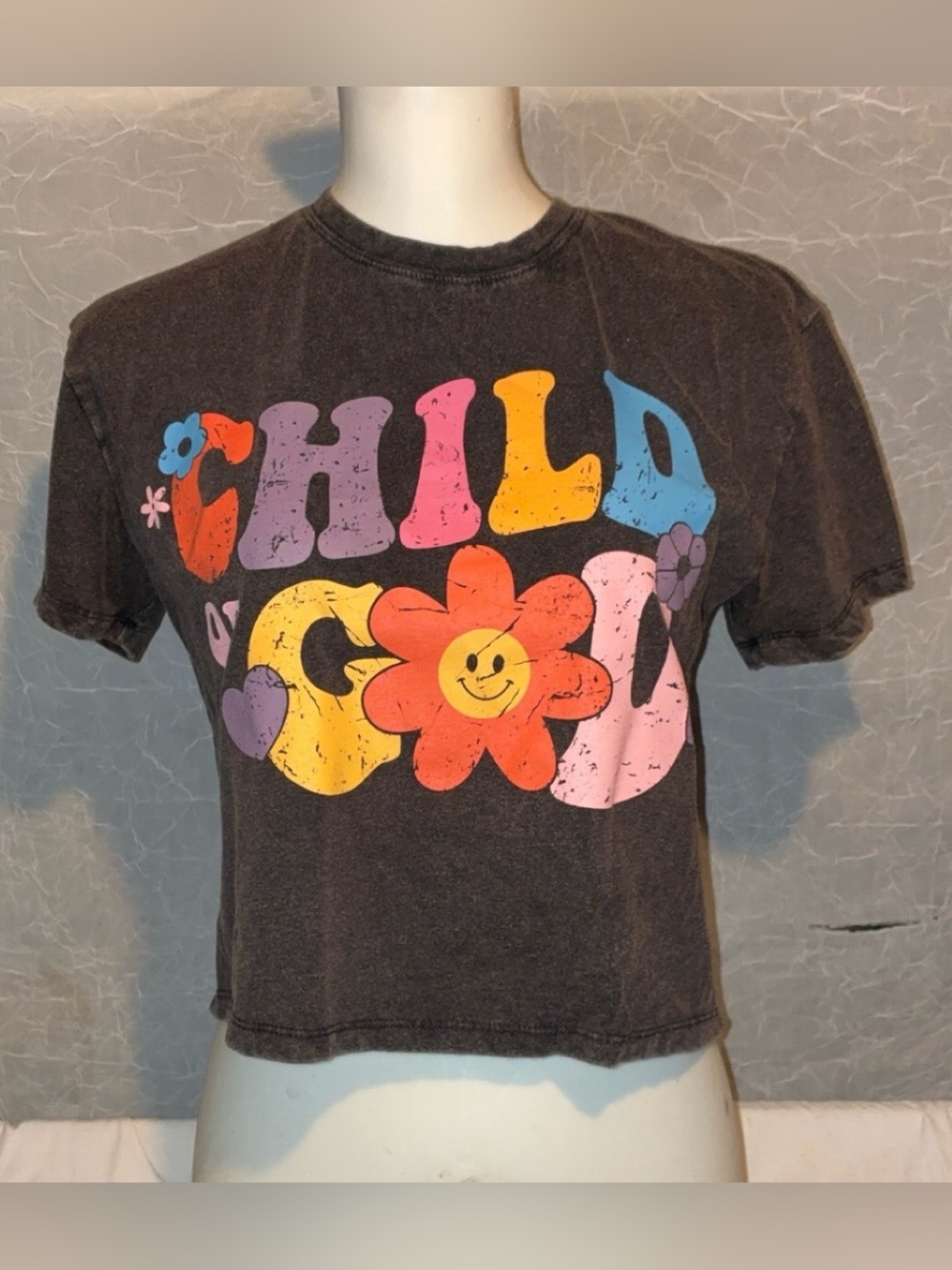 Inspired Culture Child of God Graphic Tee Floral Smiley Acid Wash Size Small